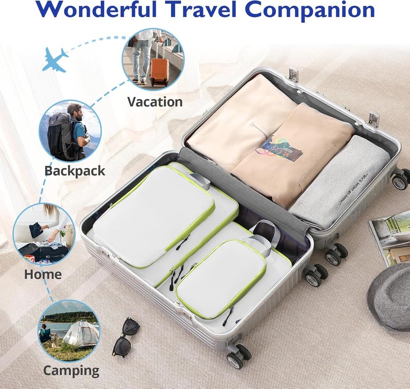 OPLEBEPE Compression Packing Cubes, 8 Set Packing Cubes for Travel Compression, Lightweight Compressible Package Organizer for Carry On and Suitcases, White and Green - Image 4